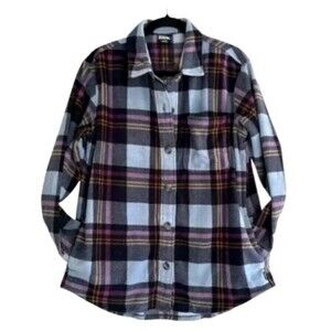 Eddie Bauer Women's XXL Microfleece Button Up Flannel Shirt Shacket Blue Plaid